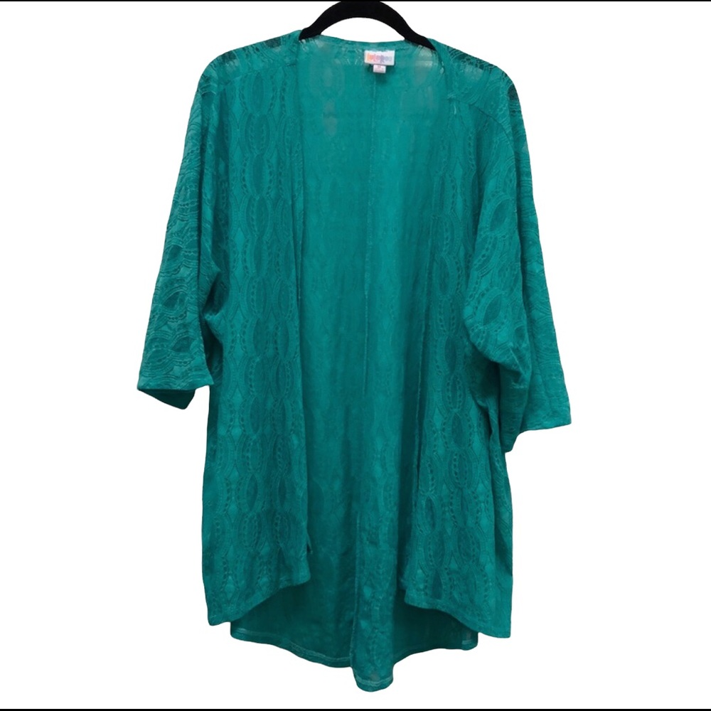LuLaRoe Joy Lace Vest Womens Medium Teal Green Open‎ Front Longline Duster Layer